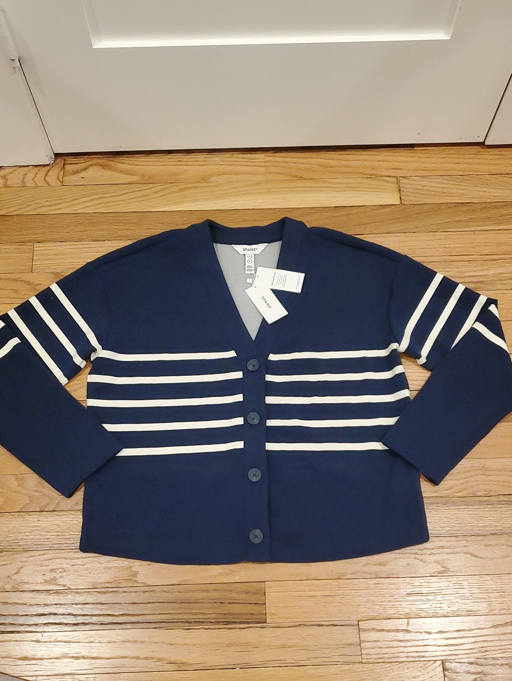 SPANX AirEssentials Navy and White Striped Button Cardigan Size S